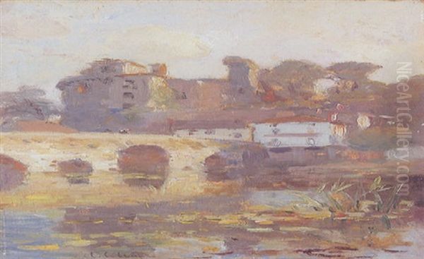 A Riverside European Town Oil Painting by Colin Campbell Cooper