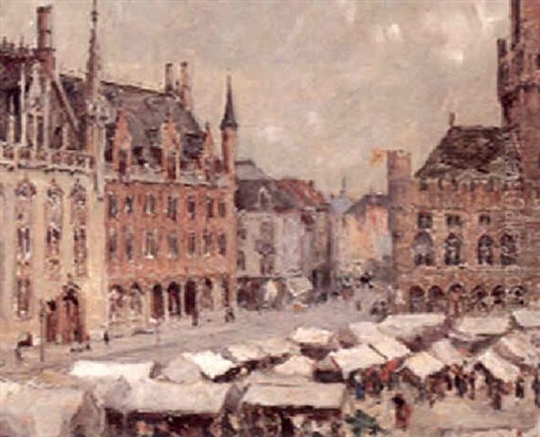 Market Day, Grand Palace, Bruges Oil Painting by Colin Campbell Cooper