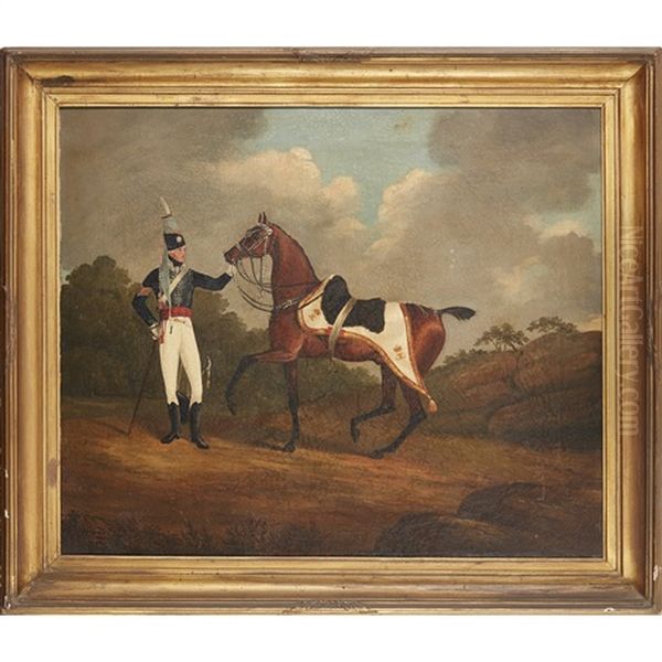 An Officer Of The 18th Hussars With His Horse Oil Painting by Edwin Cooper