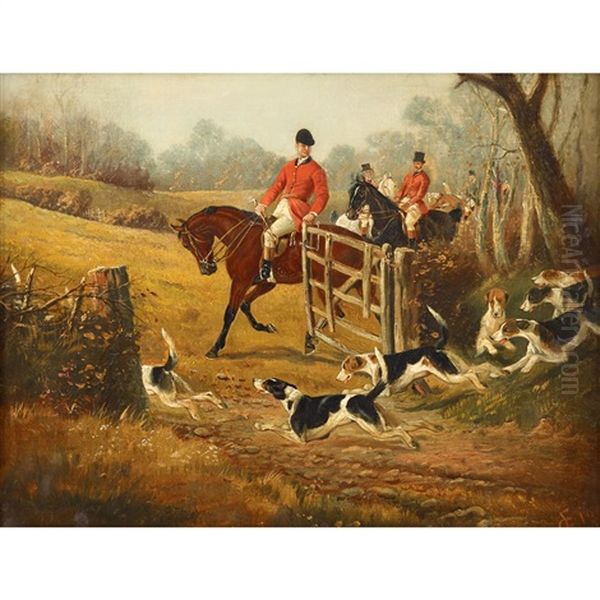 Huntsmen With Hounds Passing Through The Rail Gate Oil Painting by Edwin Cooper