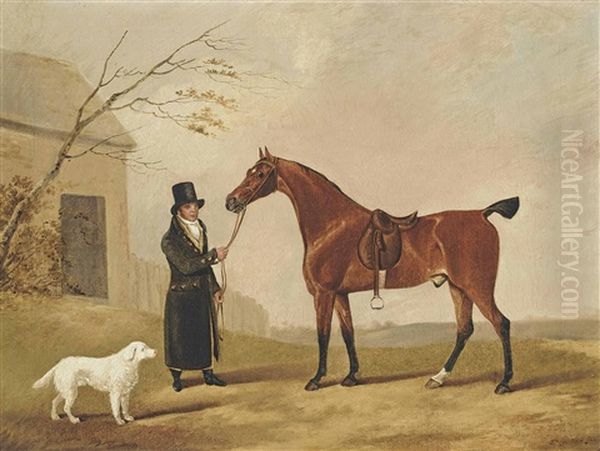 A Bay Hunter With His Groom Oil Painting by Edwin Cooper