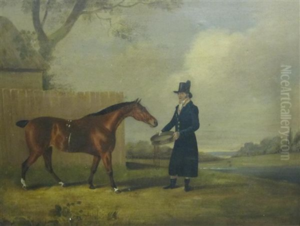 A Horse And Groom By A Wall, A River Landscape Beyond Oil Painting by Edwin Cooper