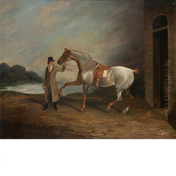 A Gentleman With A Hunter Beside A Stable Oil Painting by Edwin Cooper