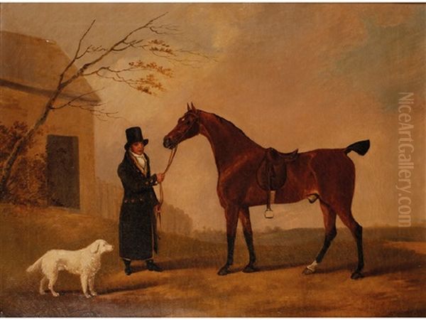 A Bay Horse With A Man And Dog Beside A Stable Oil Painting by Edwin Cooper