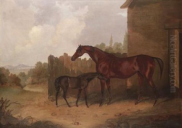 "georgiana", A Bay Racehorse, And Her Foal, "sir Henry" By "walton", Before A Stable In A Landscape Oil Painting by Edwin Cooper