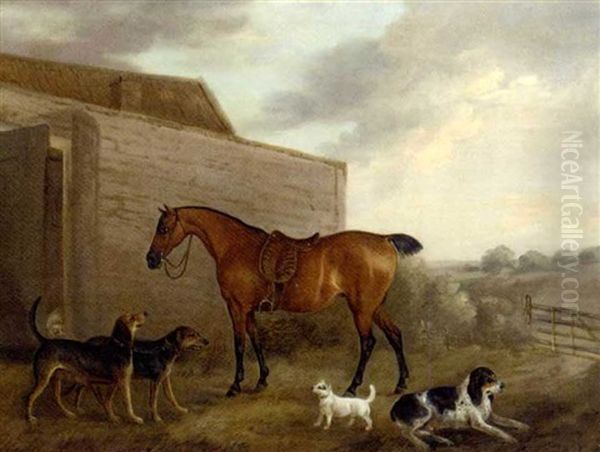 A Bay Hunter And Hounds Outside A Stable Oil Painting by Edwin Cooper