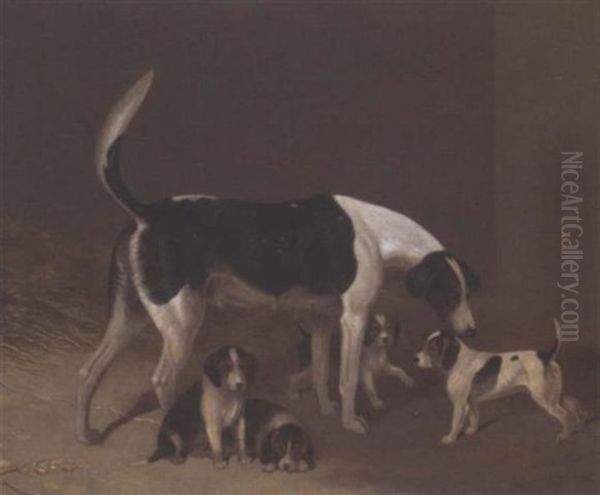 A Foxhound And Her Litter Oil Painting by Edwin Cooper