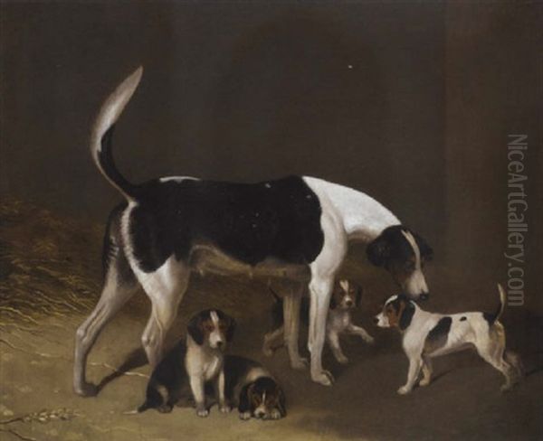 A Foxhound And Her Litter Oil Painting by Edwin Cooper