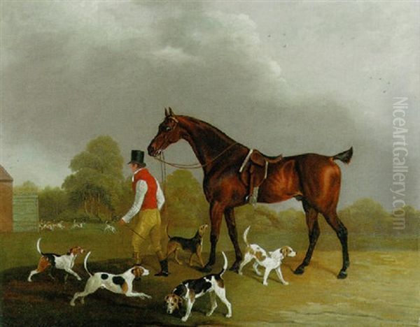 A Huntsman Leading A Bay Hunter, With Hounds Outside Kennels Oil Painting by Edwin Cooper