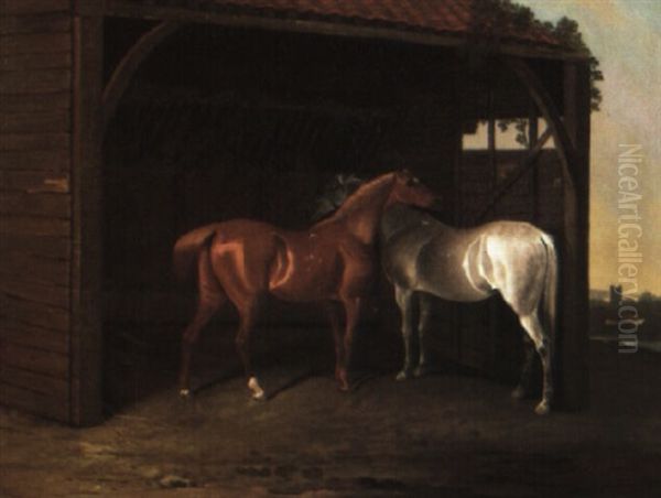 Chesnut And A Grey Hunter In A Barn Oil Painting by Edwin Cooper