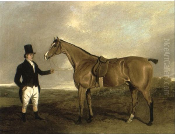 A Gentleman Holding A Hunter In An Extensive Landscape Oil Painting by Edwin Cooper