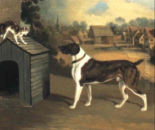 Dog Frightening A Cat On A Kennel Roof Oil Painting by Edwin Cooper