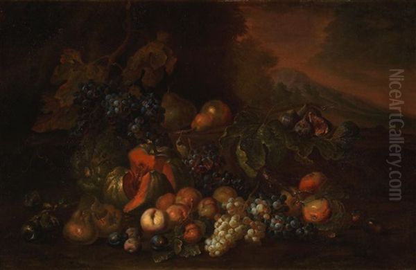 Melons, Grapes, Peaches And Other Fruit In Landscape Oil Painting by Joseph Teal Cooper