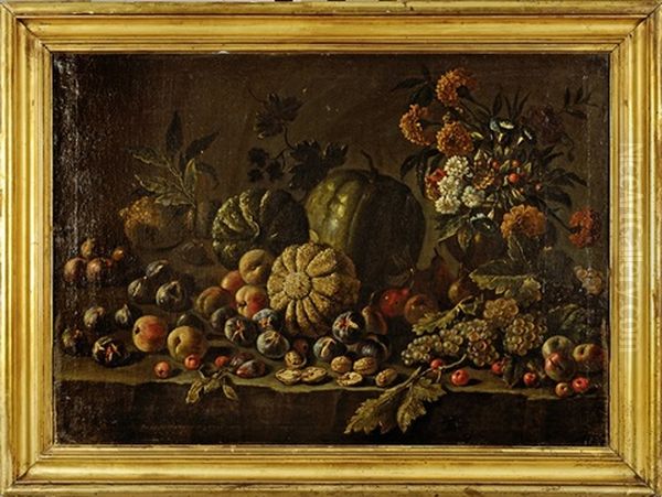 Nature Morte Au Melon, Figue, Peches, Bouquet De Fleurs Sur Un Entablement De Pierre Oil Painting by Joseph Teal Cooper