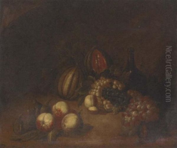 Grapes, Melons, Peaches, Figs, A Walnut And A Wine Bottle Oil Painting by Joseph Teal Cooper