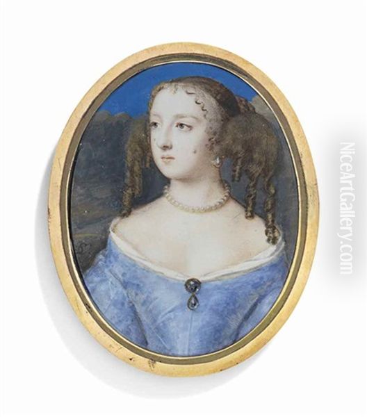 A Young Lady Traditionally Called Lady Alington, Nee Elizabeth Tollemache (d. 1671), In Blue Silk Dress With Gem-set Brooch At Corsage, Wearing A Pearl Necklace And Earrings, Her Hair Dressed In Ringlets Oil Painting by Samuel Cooper