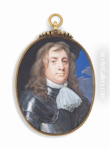 A Gentleman, Traditionally Called George Monck, 1st Duke Of Albemarle (1608-1670), In Gilt-studded Metal Armour, White Jabot, Long Fair Hair; Cloudy Sky Background Oil Painting by Samuel Cooper