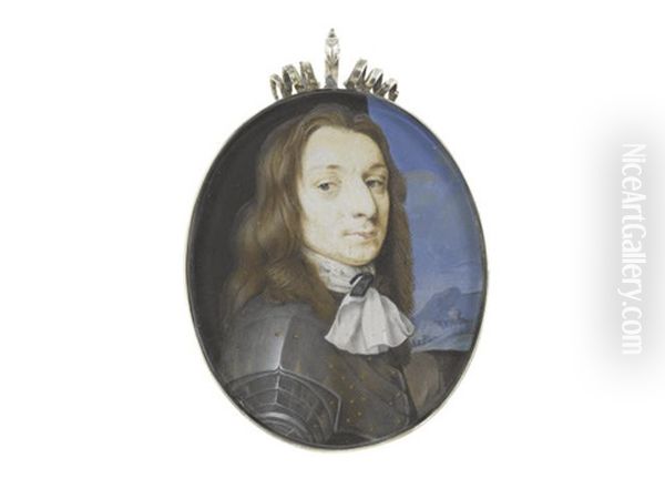 A Gentleman Of The Slingsby Family, Possibly Sir Thomas Slingsby Of Scriven, 2nd Baronet (1636-1687), Wearing Suit Of Armour Over White Stock And Cravat Tied With Black Ribbon Oil Painting by Samuel Cooper