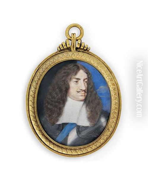 King Charles Ii (1630-1685), In Silvered Gilt-studded Armour, White Lace Lawn Collar, Wearing The Blue Sash Of The Order Of The Garter Oil Painting by Samuel Cooper