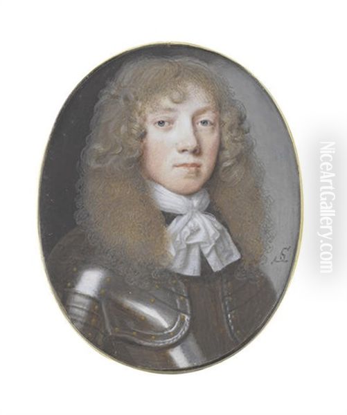 A Young Gentleman, Wearing Armor With Brass Studs And Twisted Trim To The Gardbrace And White Lace Edged Cravat Tied With A Thin White Thread Oil Painting by Samuel Cooper