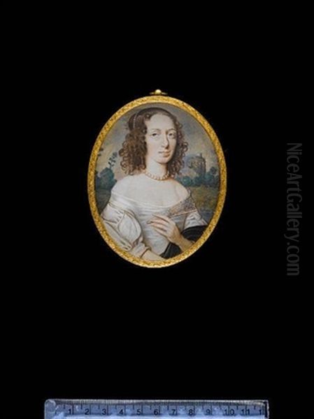 A Lady (sarah, Lady Carew?) Wearing White Silk Dress, The Sleeve Slashed To Reveal White Underslip, Black Cloak Over Her Left Arm And Pearl Necklace by Samuel Cooper