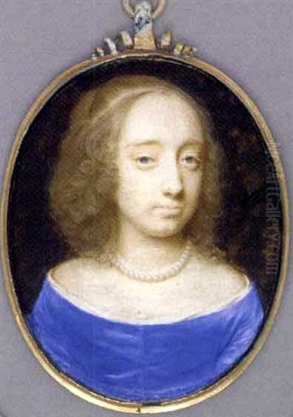 A Young Lady (bridget Cromwell?)  In Blue Dress With White Underdress, Pearl Necklace, Her Light Brown Hair Dressed In Ringlets Oil Painting by Samuel Cooper