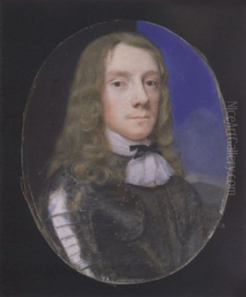 A Gentleman (a Parliamentarian?), Aged 24, Wearing Armour, Short, White Cravat Tied With Black Ribbon, His Blond Hair Worn Long, Sky Background Oil Painting by Samuel Cooper