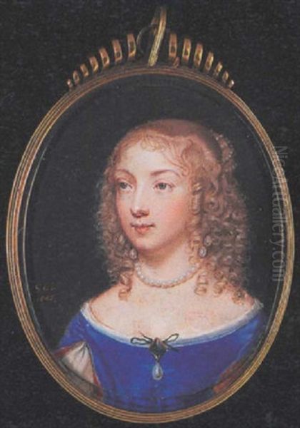 A Lady Wearing Decollete Blue Dress, Black Ribbon Bow And Gold Brooch And Pendant Pearl At Her Corsage, Pearl Necklace And Drop-pearl Earrings, Blonde Hair In Ringlets And Set With Pearls Oil Painting by Samuel Cooper