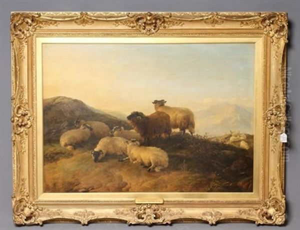 On The Hills Summertime, Sheep Reposing Oil Painting by Thomas Sidney Cooper