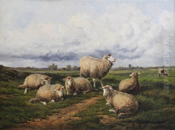 Sheep In A Landscape Oil Painting by Thomas Sidney Cooper