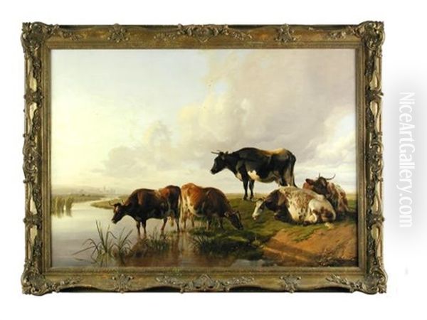 Cattle On The Stour Oil Painting by Thomas Sidney Cooper