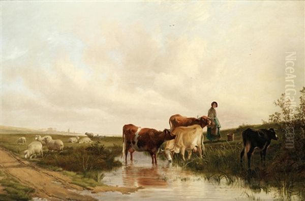 Landscape With Sheep And Cattle At A Stream Oil Painting by Thomas Sidney Cooper