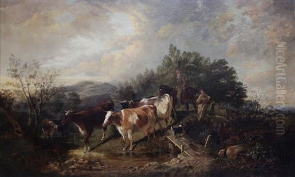 Drovers With Cattle And Dog In Landscape Oil Painting by Thomas Sidney Cooper