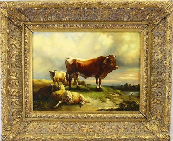 Painting Of A Cow, Ram And Two Sheep In A Landscape Oil Painting by Thomas Sidney Cooper