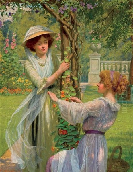 Young Women In A Flower Garden Oil Painting by W. Savage Cooper