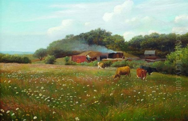 View Of A Farmstead With Cattle Grazing In A Meadow With Flowers And Woodland Beyond Oil Painting by William Sidney Cooper