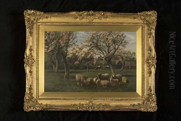 Sheep And Cattle In An Orchard In Spring Oil Painting by William Sidney Cooper