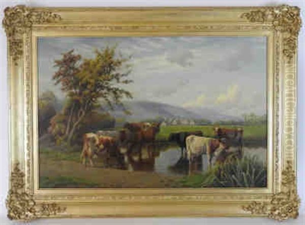 Cattle Watering In A Stream Oil Painting by William Sidney Cooper