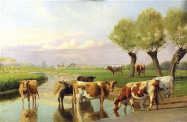 Canterbury Meadows - With Cattle To Foreground Oil Painting by William Sidney Cooper