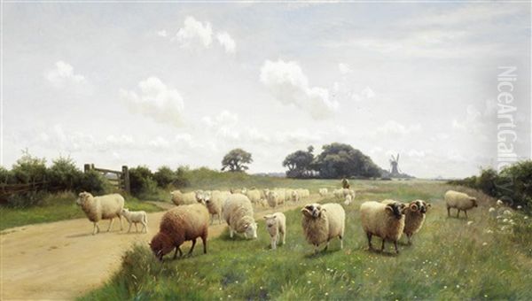 Sheep And Shepherd On A Country Path With A Windmill Beyond Oil Painting by William Sidney Cooper