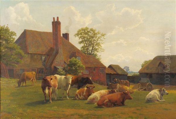 Cattle In A Farmyard Oil Painting by William Sidney Cooper