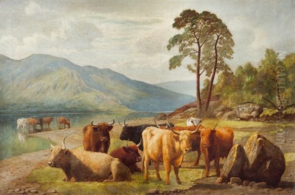 Cattle Watering At A Riverbank Oil Painting by William Sidney Cooper