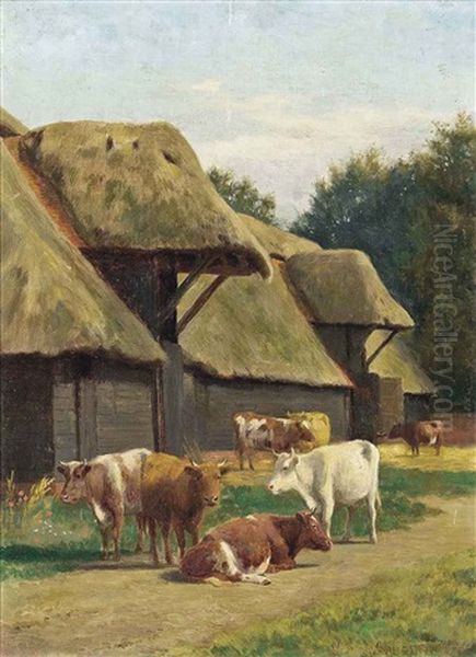 Cattle Grazing Before A Barn Oil Painting by William Sidney Cooper