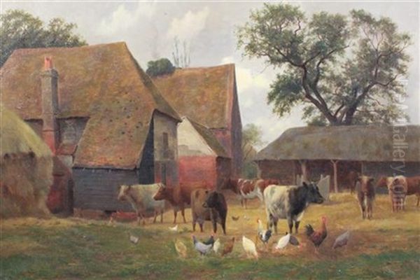 Cattle And Poultry In A Farmyard Oil Painting by William Sidney Cooper