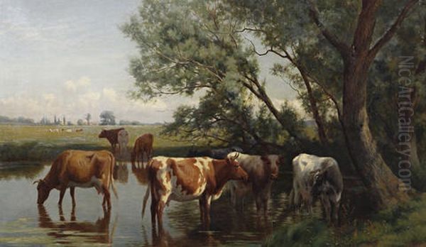 Cattle Watering Oil Painting by William Sidney Cooper