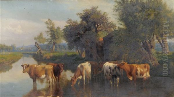 Summer Landscape With Cattle Watering In The Foreground Oil Painting by William Sidney Cooper