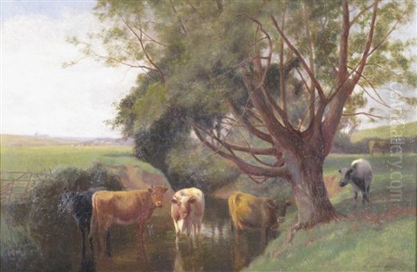 Cattle In A Water Meadow (sheep On A Moor; Pair) Oil Painting by William Sidney Cooper