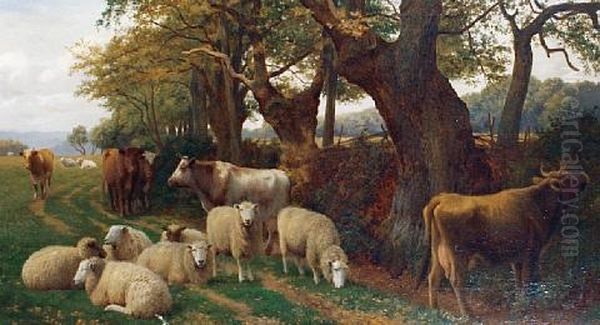 Cows And Sheep On A Country Lane Oil Painting by William Sidney Cooper