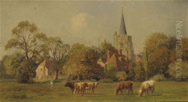 Cattle Grazing, A Village Church Beyond Oil Painting by William Sidney Cooper