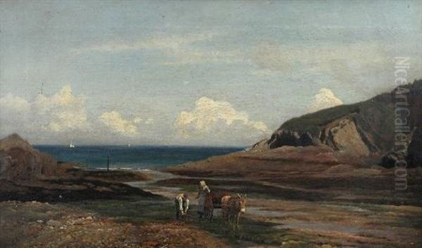 View Of Hele Bay, North Devon, With Villagers With A Donkey Cart Harvesting The Shoreline Oil Painting by William Sidney Cooper